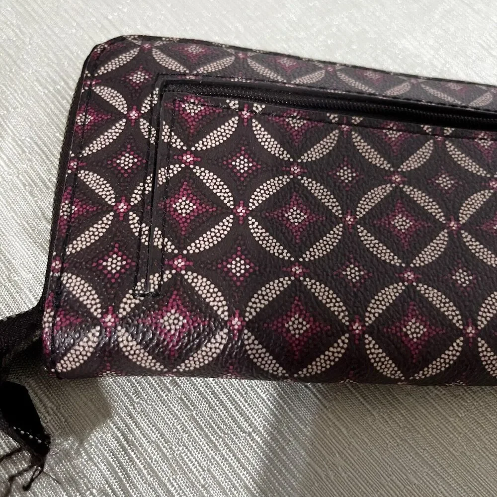 Fossil Leather Wallet Zip Around Burgundy Geometric Slim Clutch Bifold Organizer